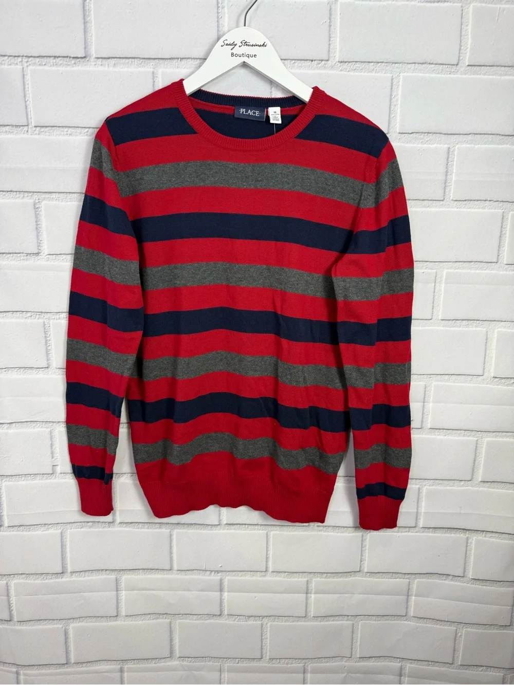 The Children’s Place Boys Striped Sweater Size 16 Red Blue Gray Crewneck